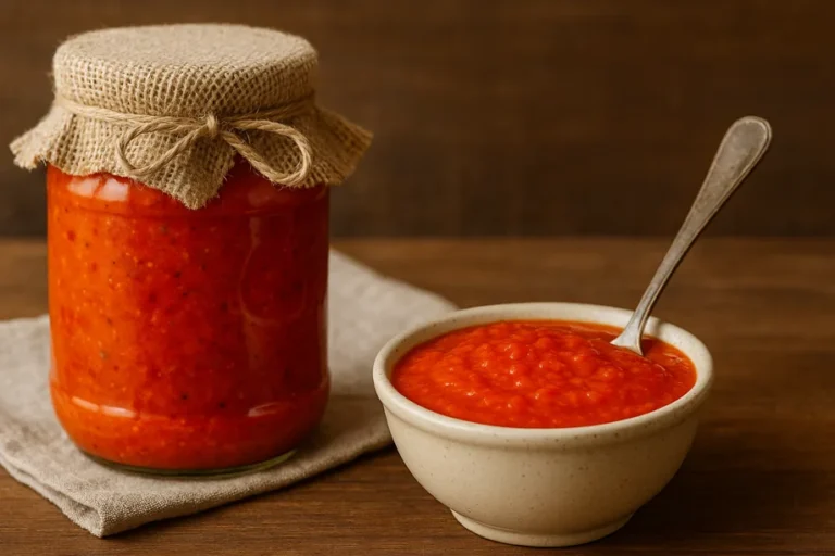 Red ajvar in a ceramic bowl with a spoon beside a filled glass jar