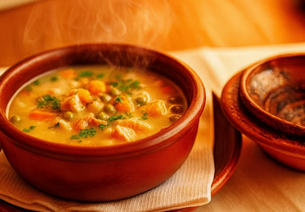 Begova čorba with chicken, okra, and root vegetables in a lightly thickened broth