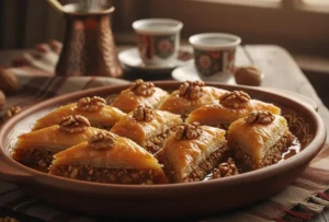 Diamond-cut Bosnian walnut baklava on a platter with coffee cups