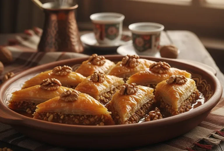 Diamond-cut Bosnian walnut baklava on a platter with coffee cups