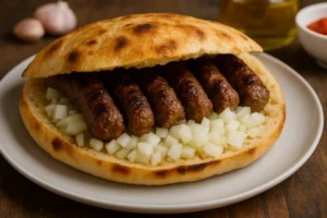Grilled Bosnian ćevapi tucked into somun bread with chopped raw onion