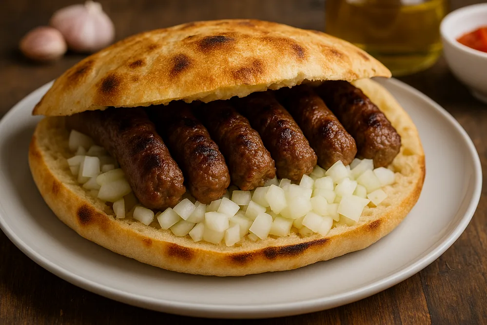 Grilled Bosnian ćevapi tucked into somun bread with chopped raw onion