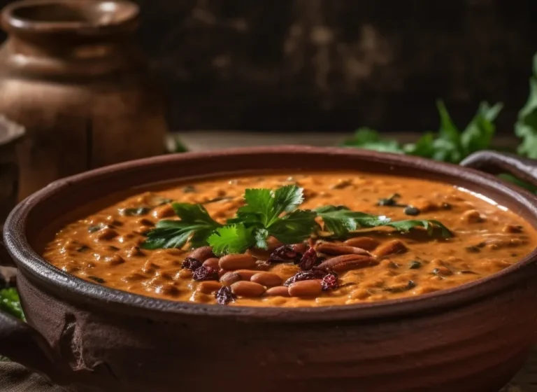 Bosnian grah bean stew in a wide earthenware bowl with a paprika-colored broth and parsley garnish