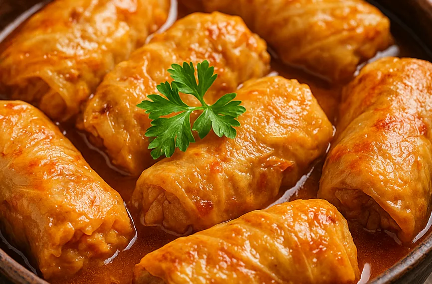 Bosnian sarma cabbage rolls in tomato-tinted cooking liquid with a cut roll showing beef and rice filling
