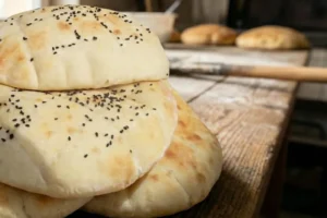 Stack of golden Bosnian somun flatbreads sprinkled with black nigella seeds