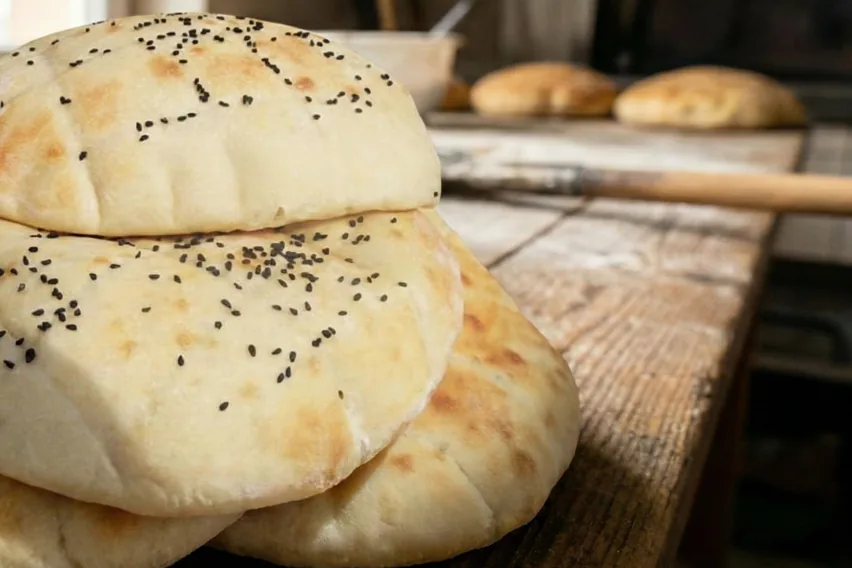 Stack of golden Bosnian somun flatbreads sprinkled with black nigella seeds