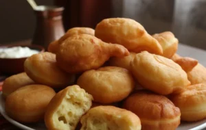 Golden Bosnian uštipci piled on a platter, with one fritter opened to show the airy center