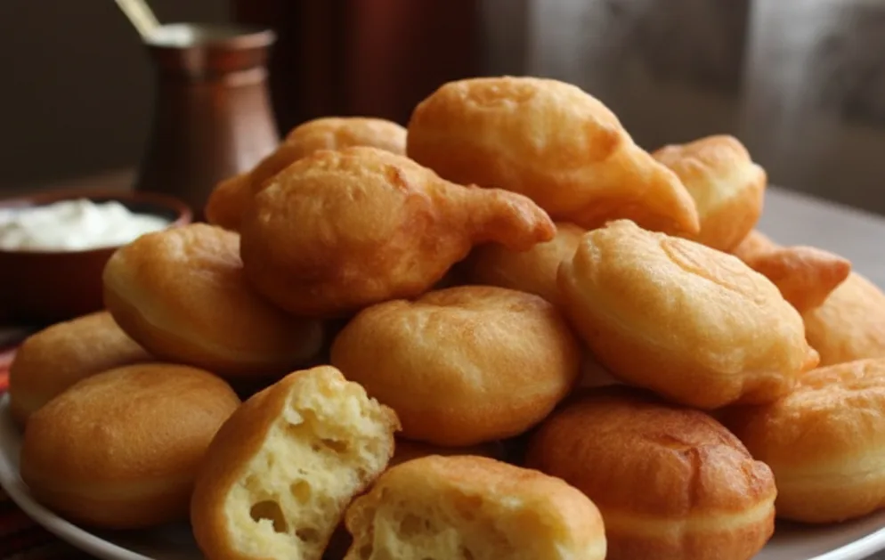 Golden Bosnian uštipci piled on a platter, with one fritter opened to show the airy center