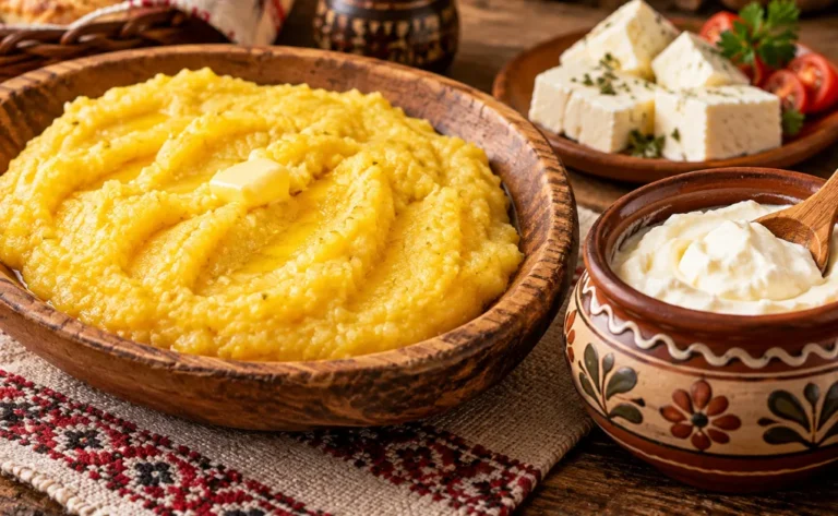 Golden creamy cicvara in a rustic bowl with kajmak and white cheese alongside
