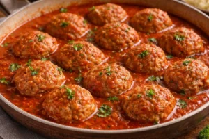 Round beef meatballs in a skillet of red tomato sauce, sprinkled with chopped green herbs.