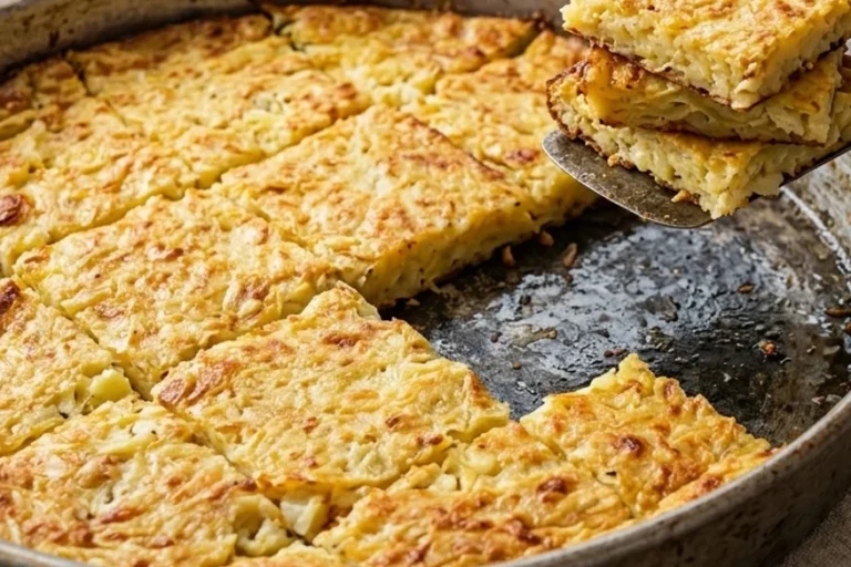 Golden squares of kljukuša in a metal pan, with potato pieces lifted on a spatula.
