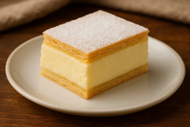 A tall vanilla custard slice between golden puff-pastry layers, dusted with powdered sugar on a white plate.