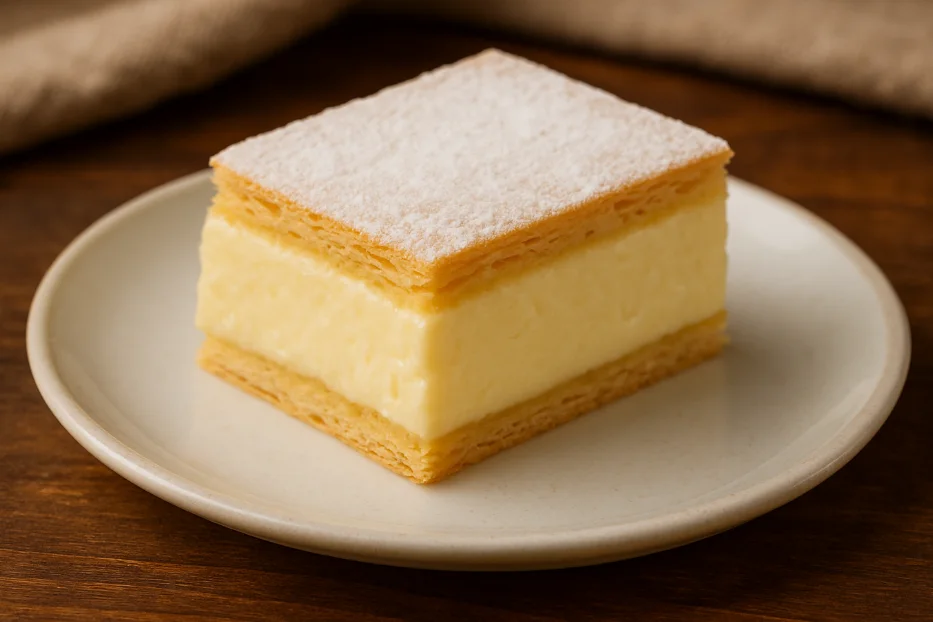 A tall vanilla custard slice between golden puff-pastry layers, dusted with powdered sugar on a white plate.