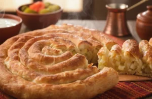 Golden spiral krompiruša with thin pastry layers and a potato filling visible in a cut piece