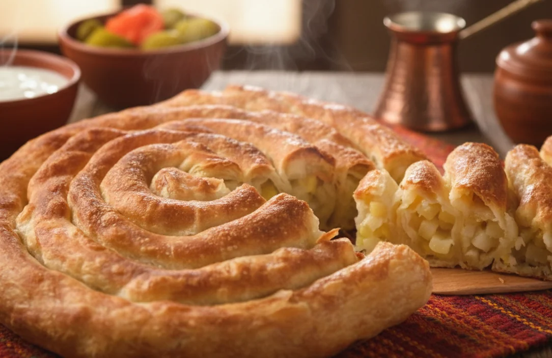 Golden spiral krompiruša with thin pastry layers and a potato filling visible in a cut piece