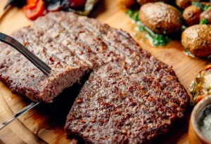Wide grilled pljeskavica beef patty with a cut section showing the cooked interior