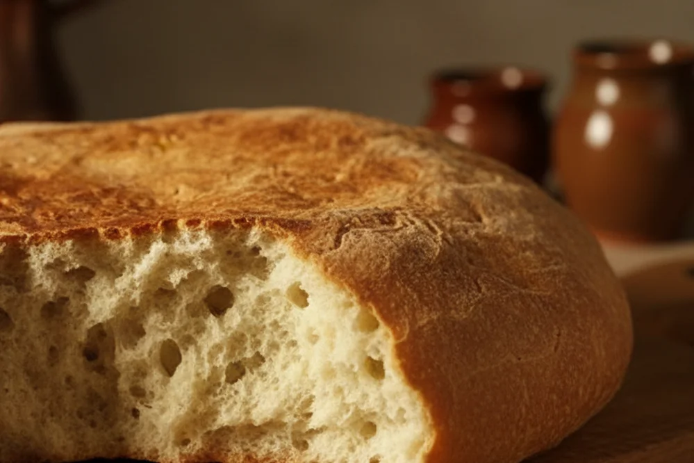 Round golden Balkan bread with a piece removed to show the soft, airy crumb.