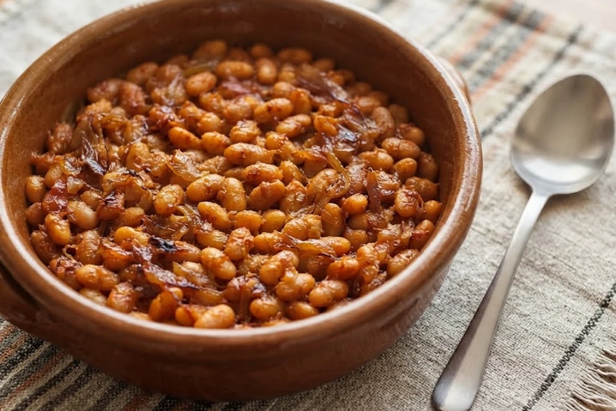 Creamy baked white beans and browned onions in a rustic earthenware bowl, with a spoon alongside.