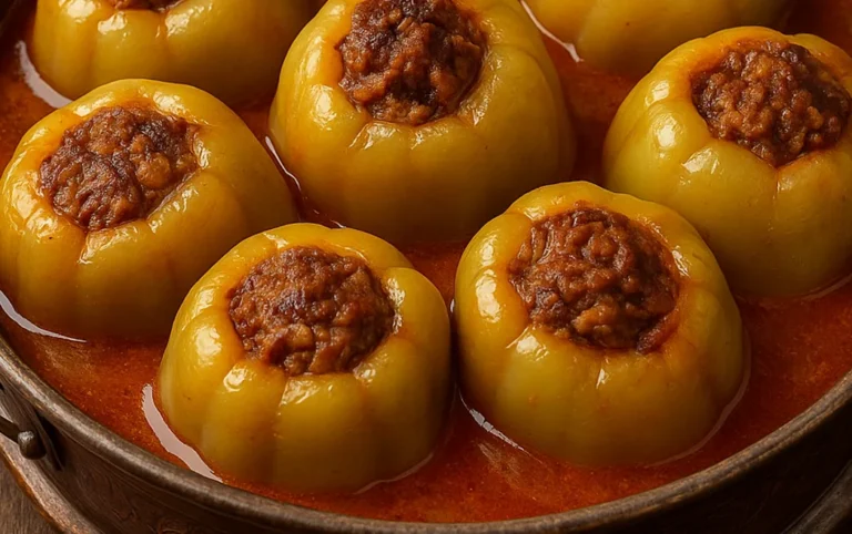 Yellow peppers filled with beef and rice, simmered in tomato sauce