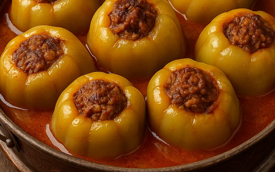 Yellow peppers filled with beef and rice, simmered in tomato sauce