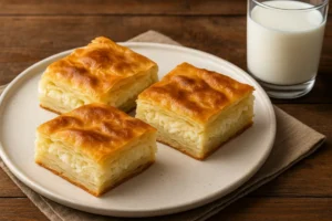 Three golden pieces of Bosnian sirnica with visible white cheese filling on a plate beside a glass of yogurt