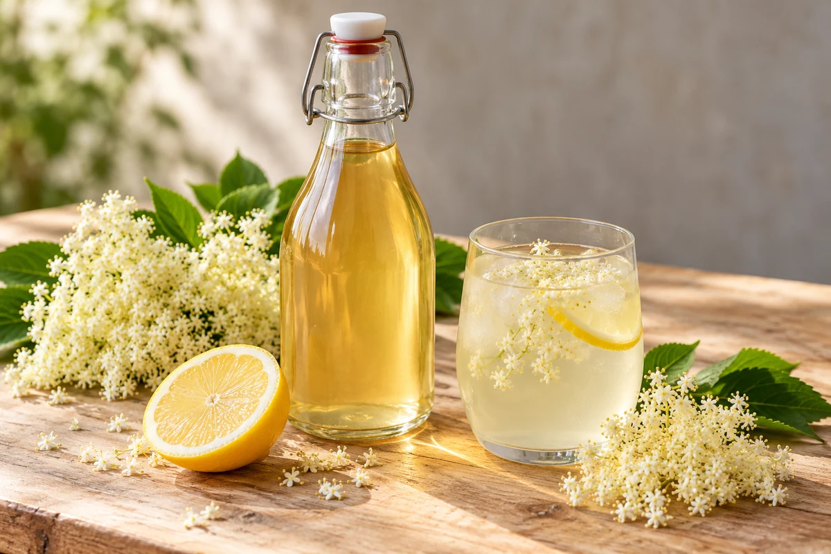 A bottle of elderflower syrup beside a glass of diluted cordial, with lemon and fresh elderflowers.