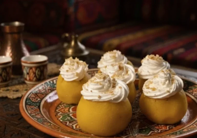 Peeled poached apples filled with walnuts and topped with whipped cream and walnut pieces