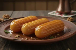 Golden ridged tulumbe coated in syrup on a brown serving plate.