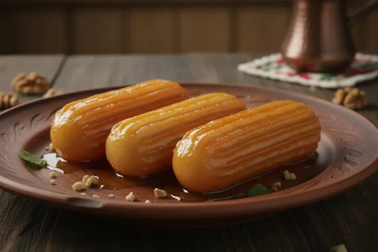 Golden ridged tulumbe coated in syrup on a brown serving plate.