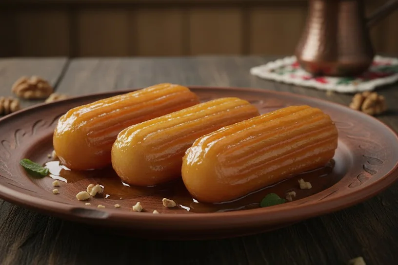 Golden ridged tulumbe coated in syrup on a brown serving plate.
