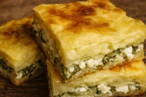 Golden layered zeljanica squares with spinach and white cheese filling on a wooden surface.