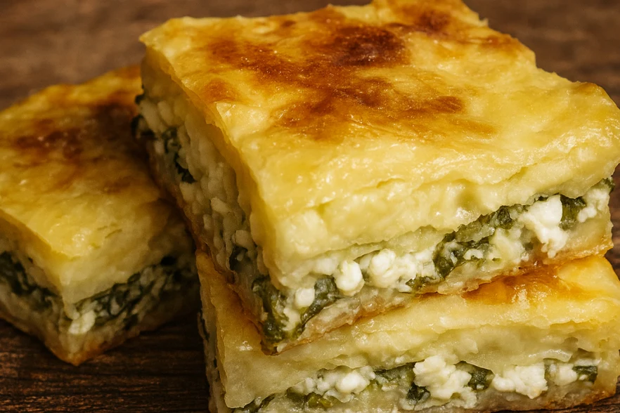 Golden layered zeljanica squares with spinach and white cheese filling on a wooden surface.